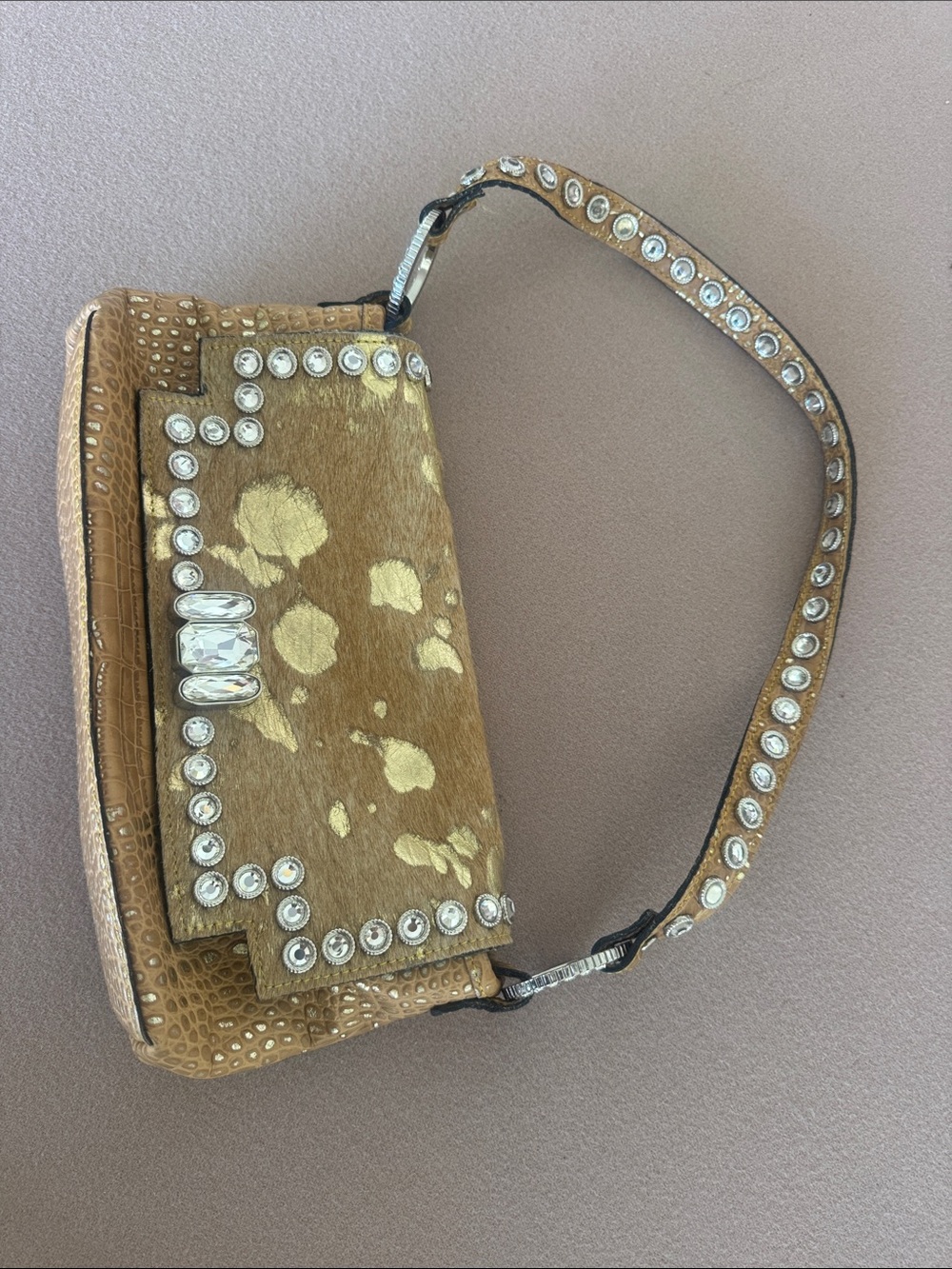 Raviani Brown Shoulder Bag Gold Detail Rhinestone Trim Velvet Zebra Interior